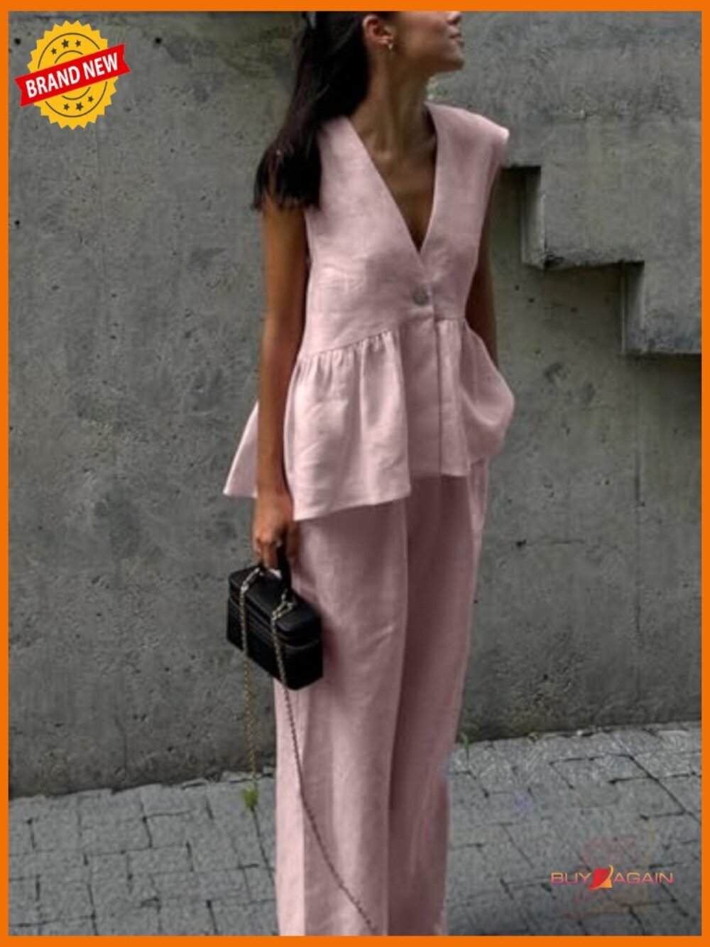 Sleeveless V Neck Peplum Top Wide Leg Pant Set 2 Piece Lounge Outfit - Picture 2 of 7